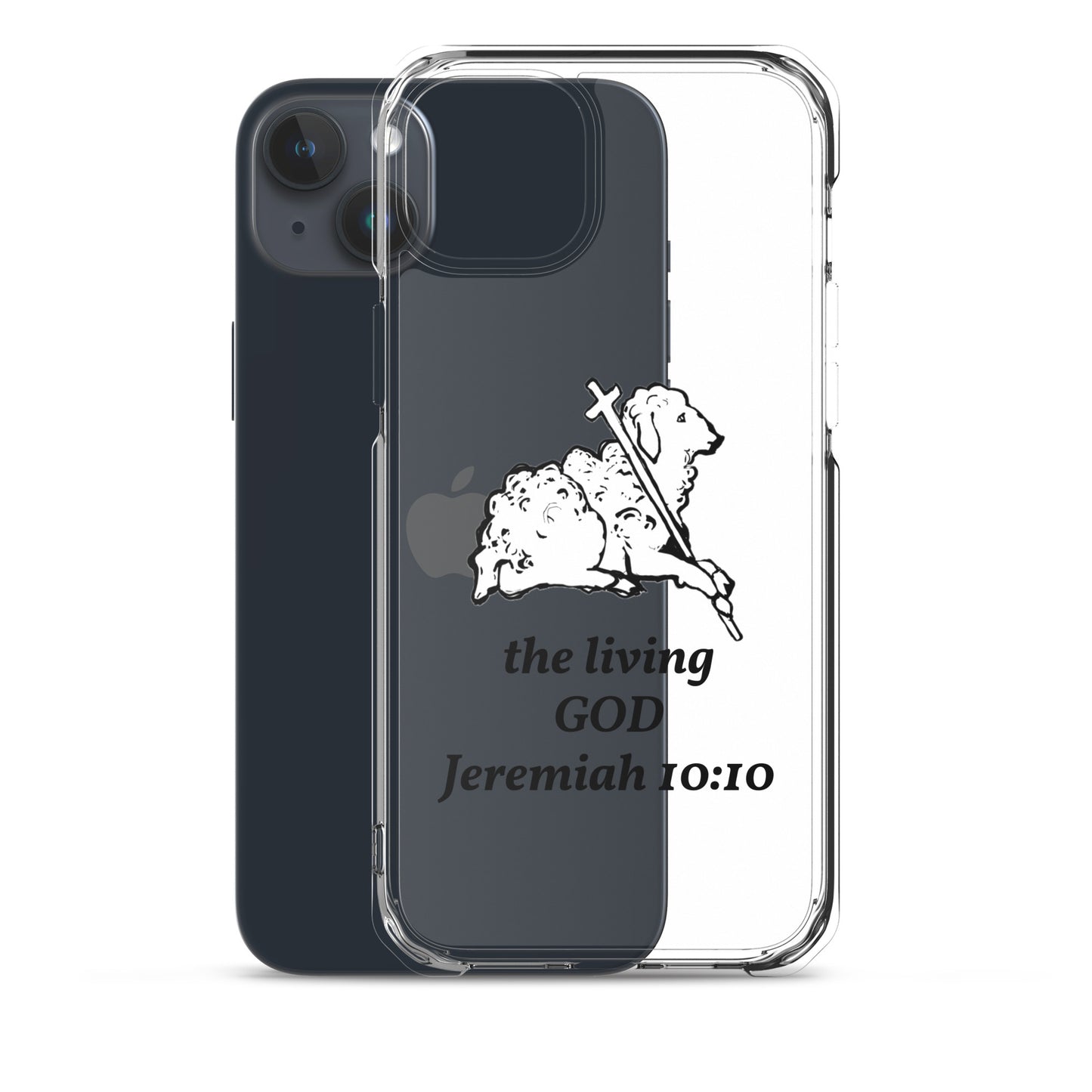 Phone case with sheep and cross design and 'the living GOD Jeremiah 10:10' text on a clear background