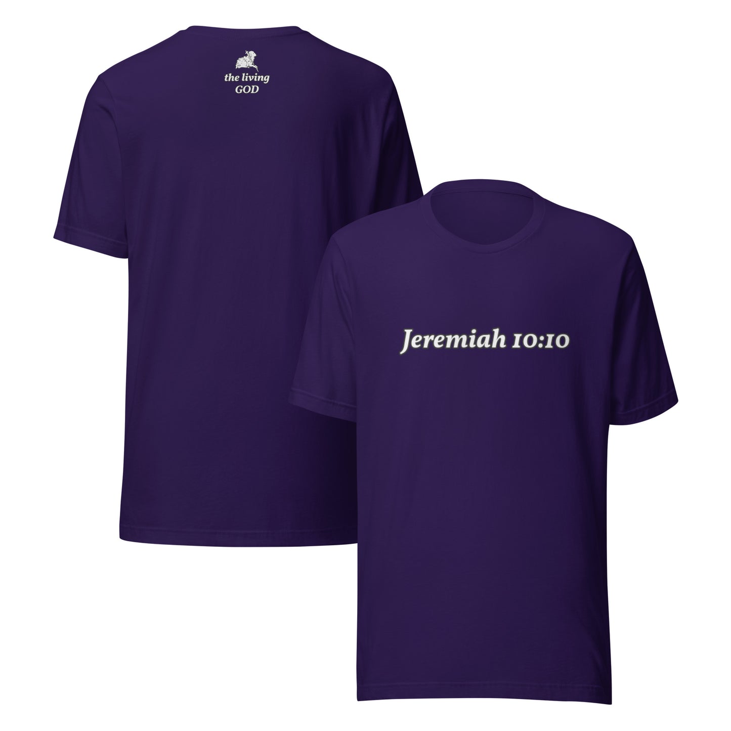 Purple t-shirt with 'Jeremiah 10:10' text on a white background