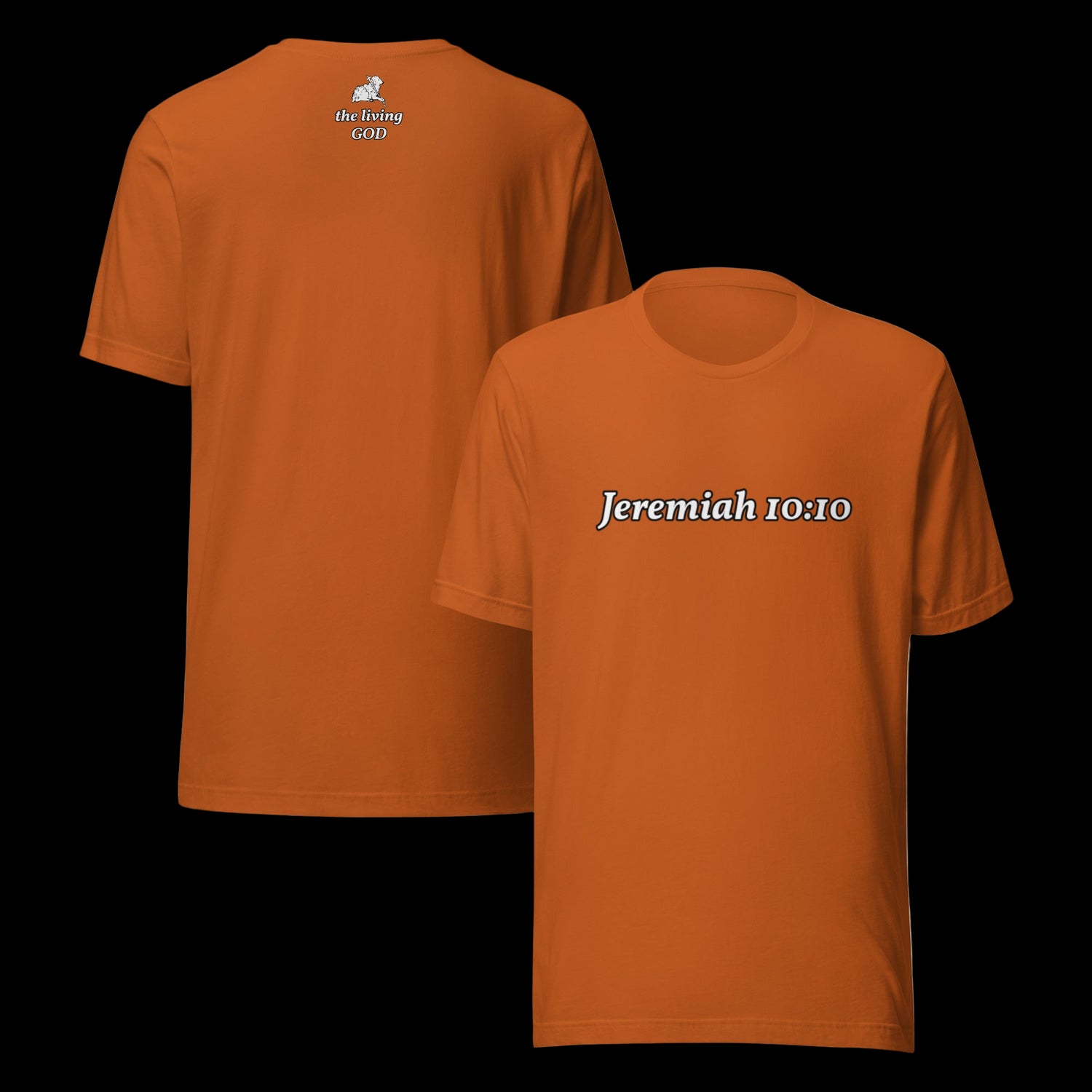Autumn colored t-shirt with 'Jeremiah 10:10' text on the front and white sheep logo on the back