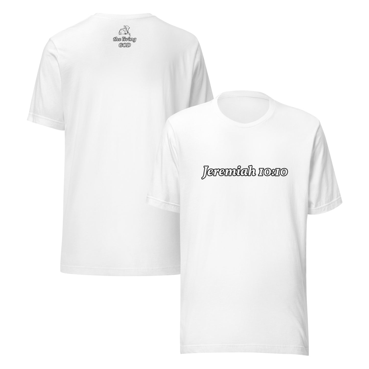 White t-shirt with 'Jeremiah 10:10' text on the front and a white sheep logo on the back
