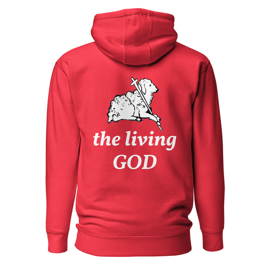 Red hoodie with 'the living GOD' text and lamb graphic on the back against a white background