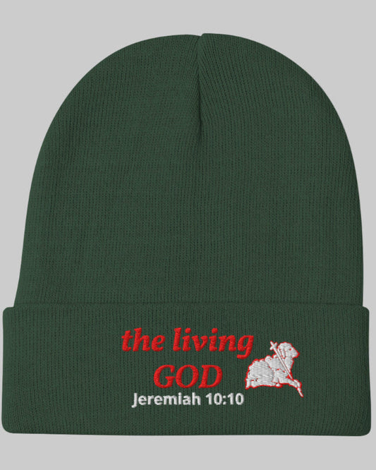 Green Christian beanie with embroidered “the living GOD – Jeremiah 10:10” and Lamb of God symbol.