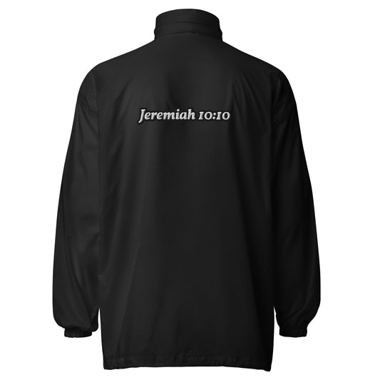Black jacket with 'Jeremiah 10:10' text on the back