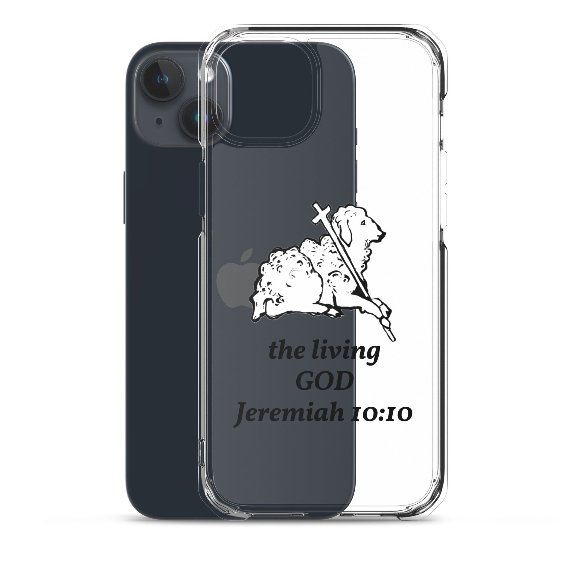 Phone case with sheep and cross design and 'the living GOD Jeremiah 10:10' text on a clear background