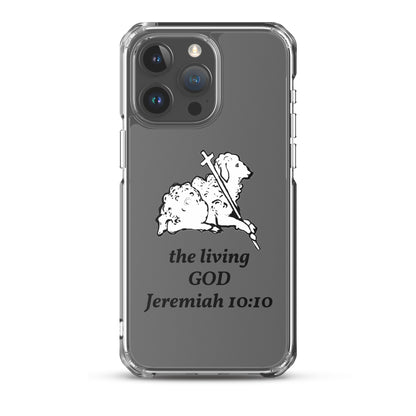 Phone case with lamb and cross design and 'the living GOD Jeremiah 10:10' text on a gray background