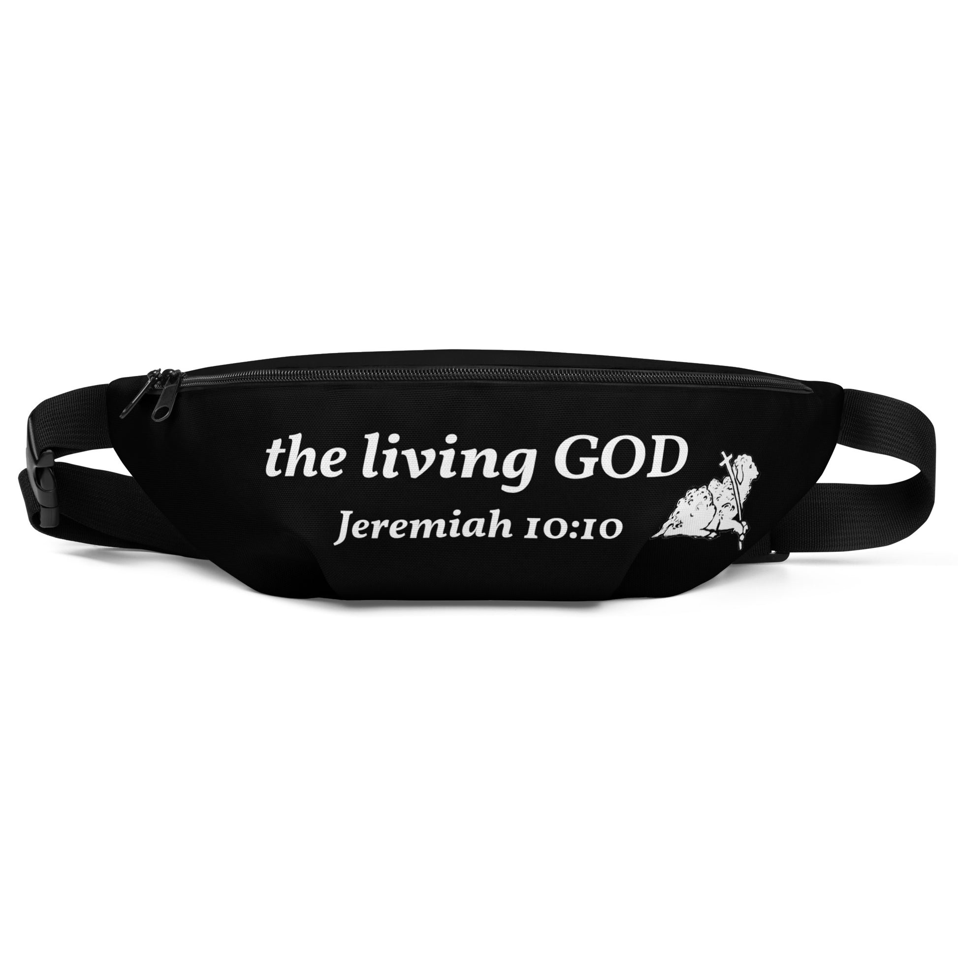 Black fanny pack with 'the living GOD Jeremiah 10:10' text 