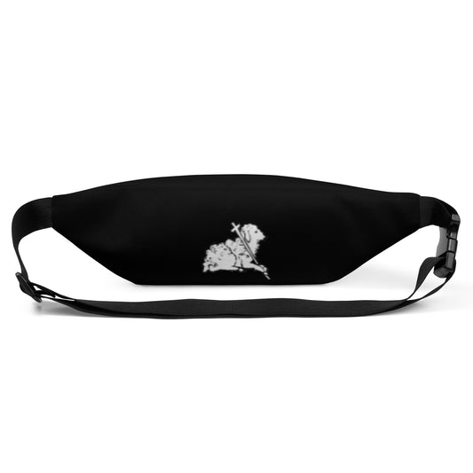 Black waist bag with a white sheep holding a cross design