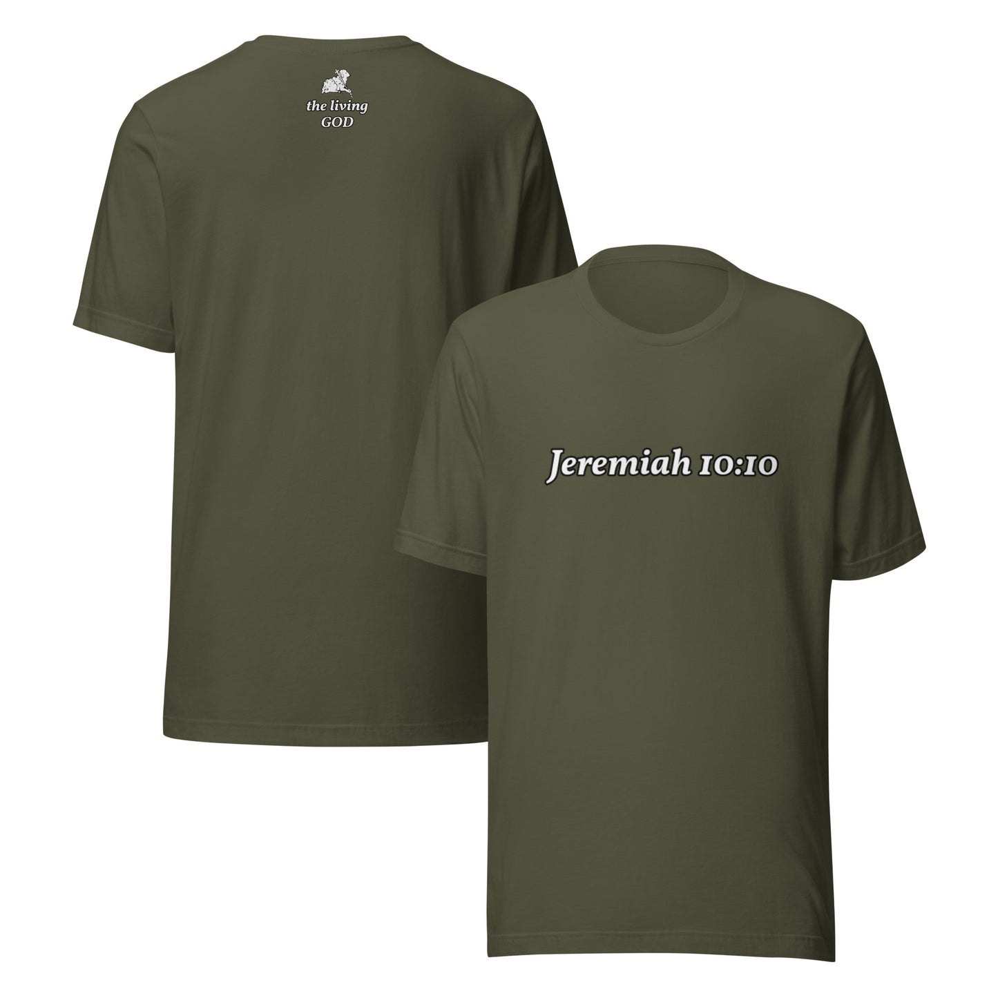 Green t-shirt with 'Jeremiah 10:10' text on a white background