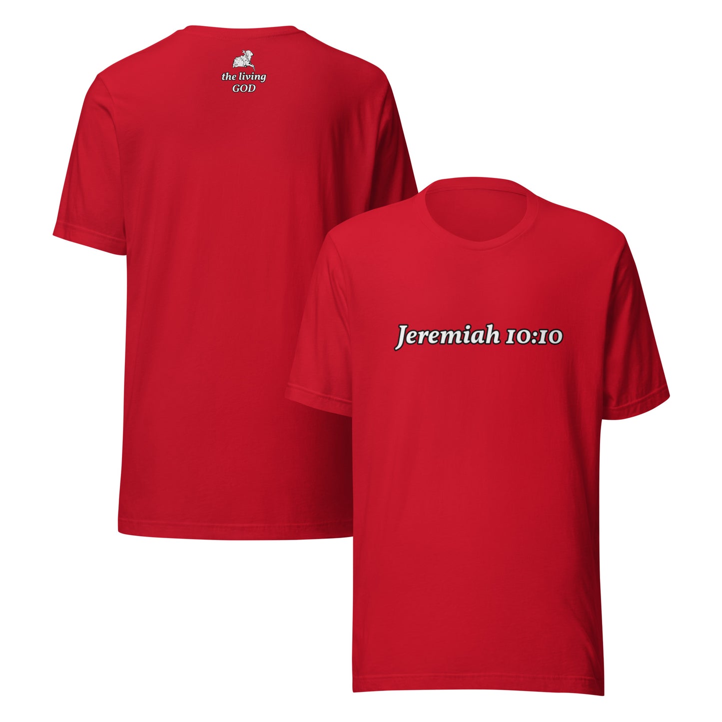 Red t-shirt with 'Jeremiah 10:10' text on a white background
