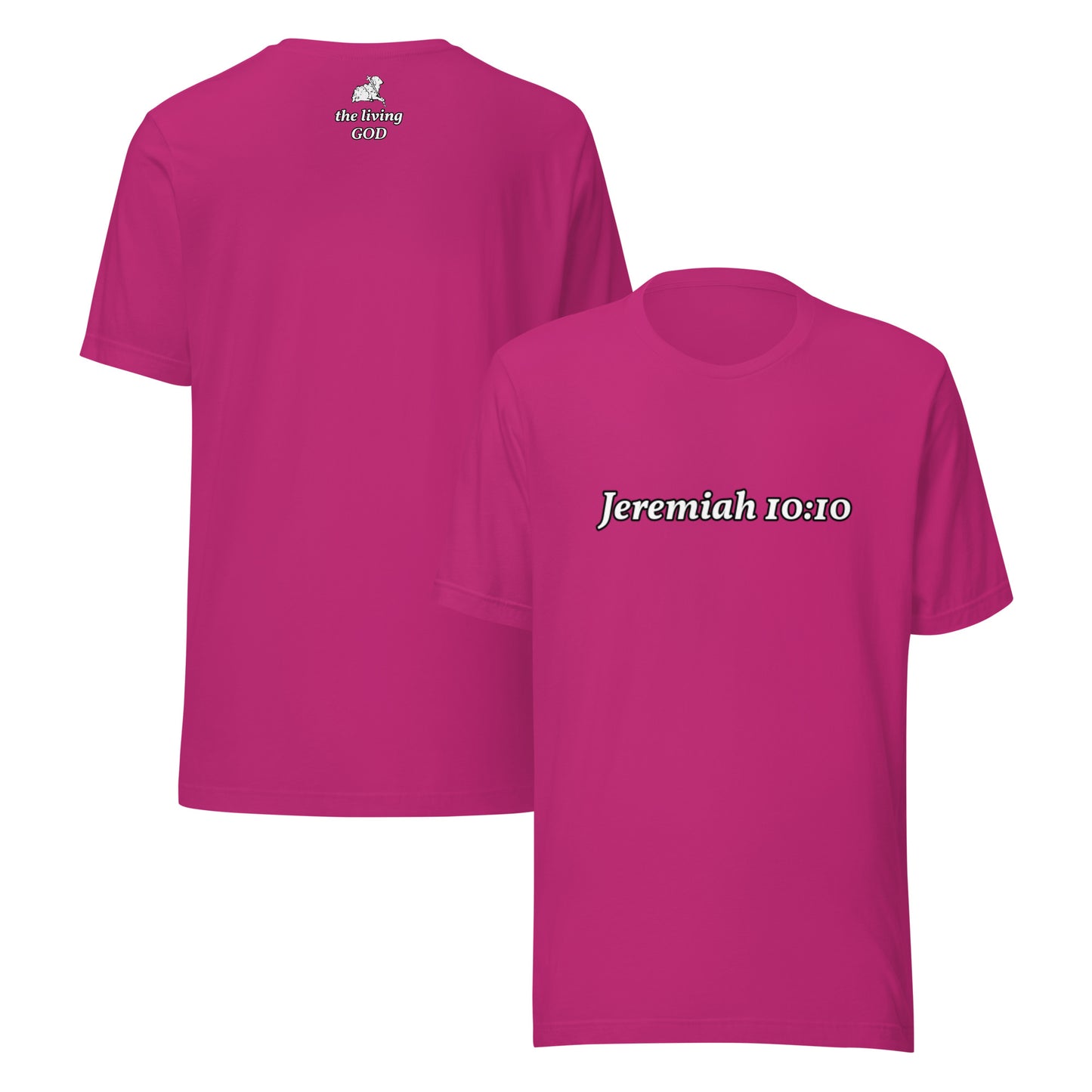 Pink t-shirt with 'Jeremiah 10:10' text on the front and white sheep logo on back