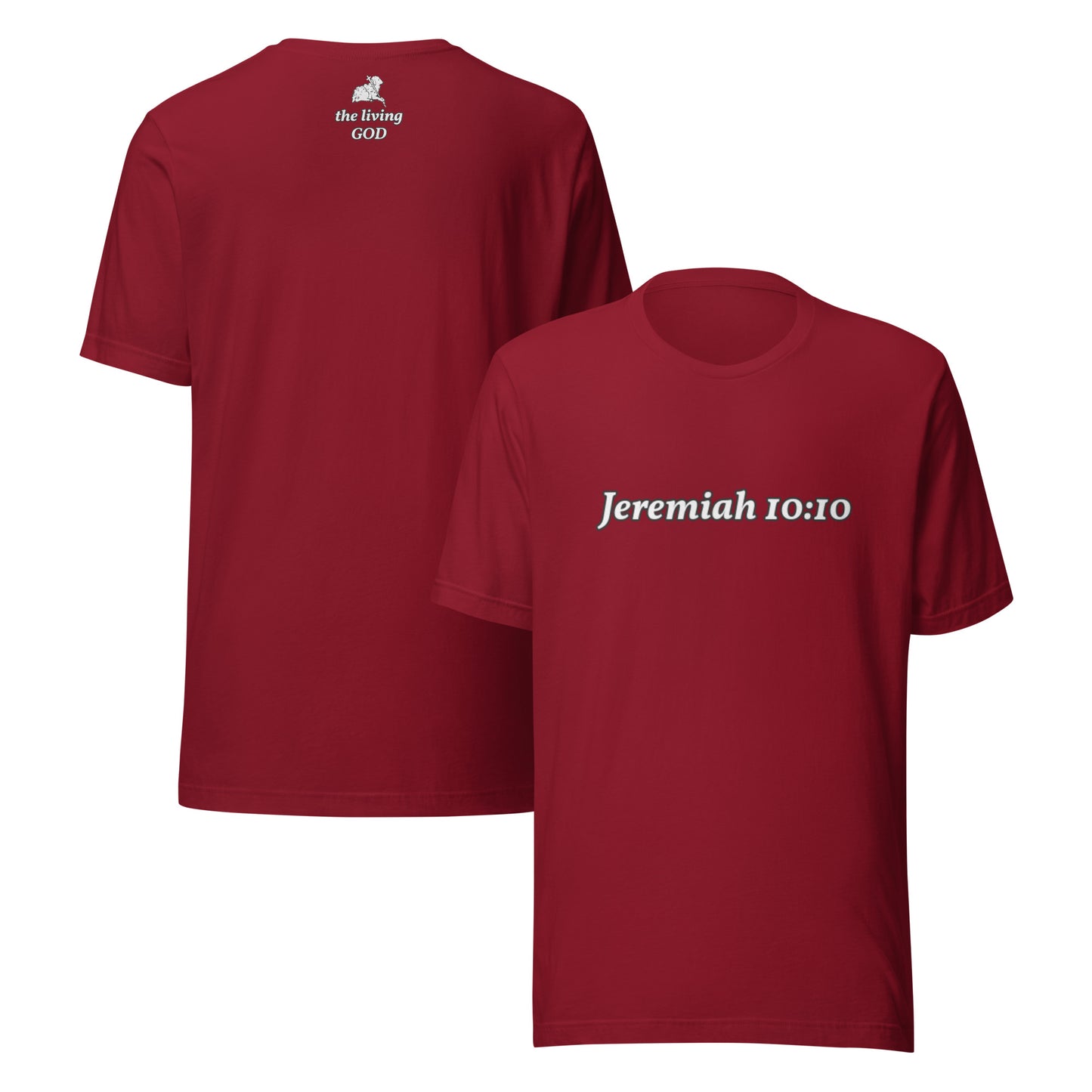 Red t-shirt with 'Jeremiah 10:10' text on a white background