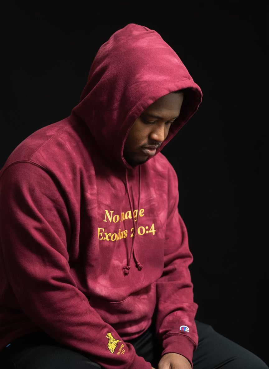 Maroon/Burgundy tie-dye hoodie with yellow/gold  text reading "No Image - Exodus 20:4"