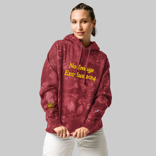 Maroon/Burgundy tie-dye hoodie with yellow/gold  text reading "No Image - Exodus 20:4"