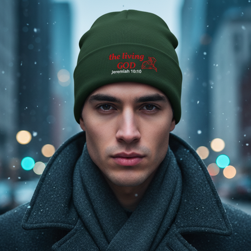Green beanie with red wording "the living God" " Jeremiah 10:10" 
