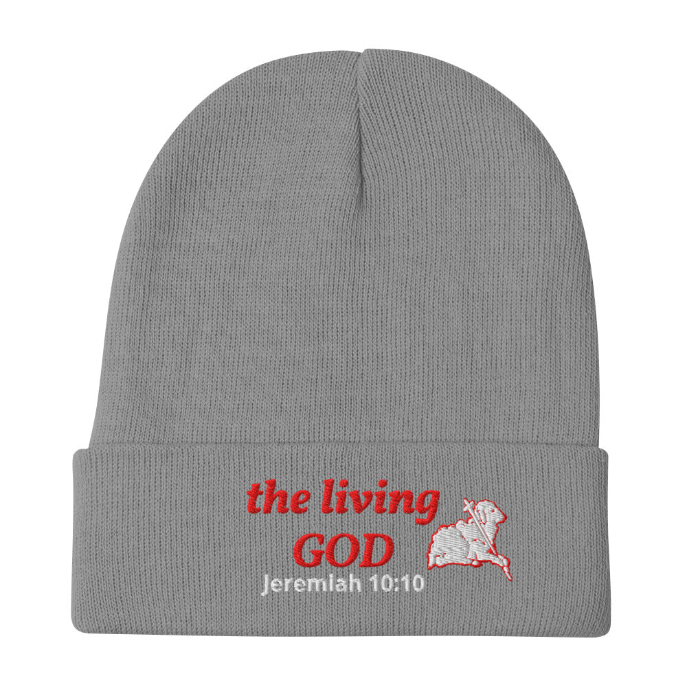 Gray Christian beanie with embroidered “the living GOD – Jeremiah 10:10” and Lamb of God symbol.
