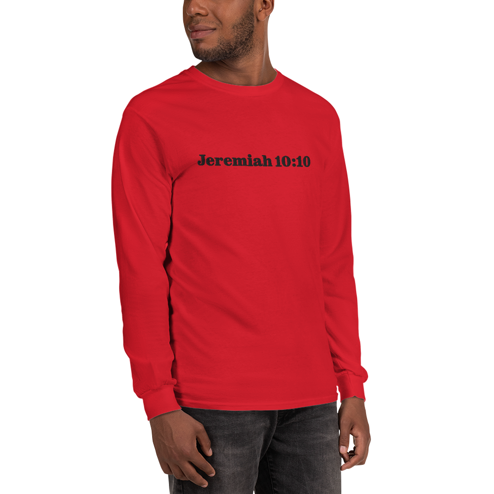 Person wearing a red long-sleeve shirt with 'Jeremiah 10:10' text