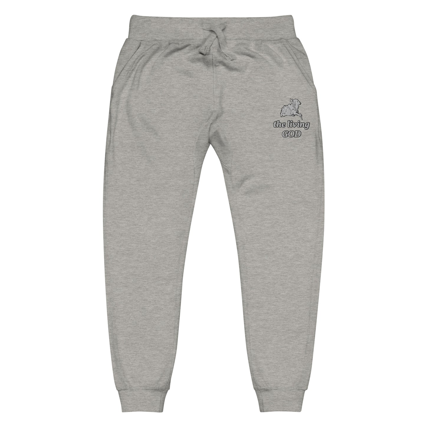Gray lightweight fleece pants with Lamb logo and “the living GOD” text printed on thigh.