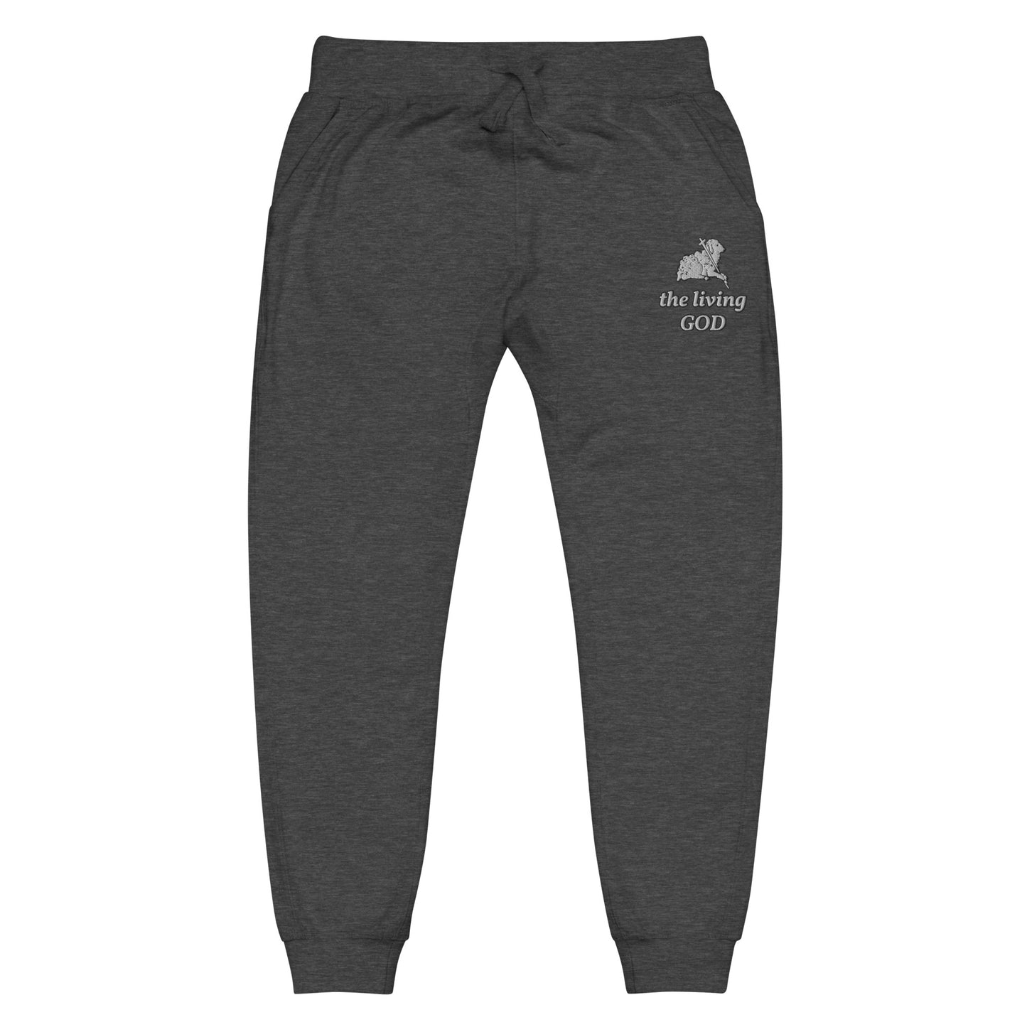 dark gray lightweight fleece pants with Lamb logo and “the living GOD” text printed on thigh.