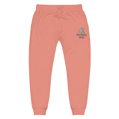 light pink lightweight fleece pants with Lamb logo and “the living GOD” text printed on thigh.
