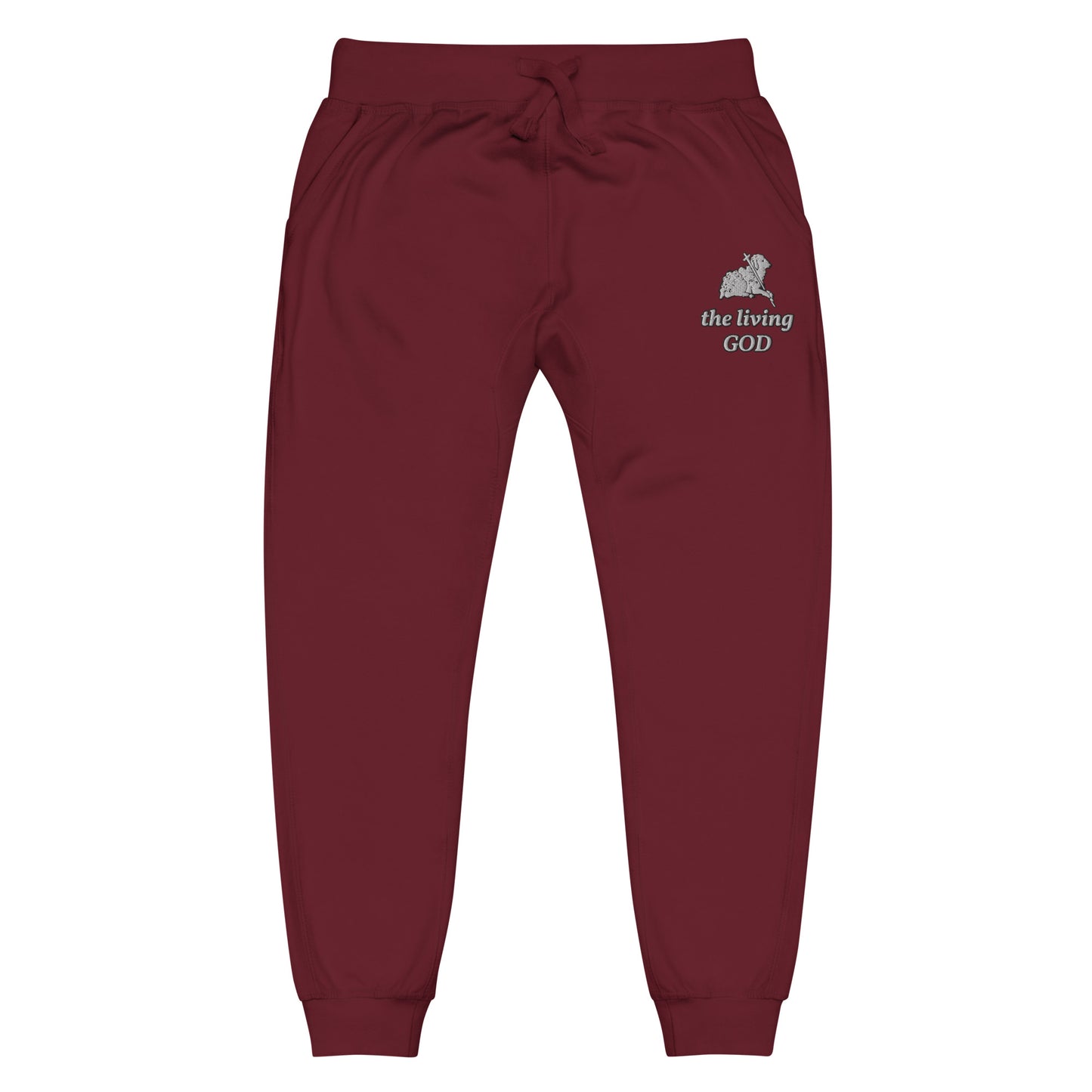 red lightweight fleece pants with Lamb logo and “the living GOD” text printed on thigh.
