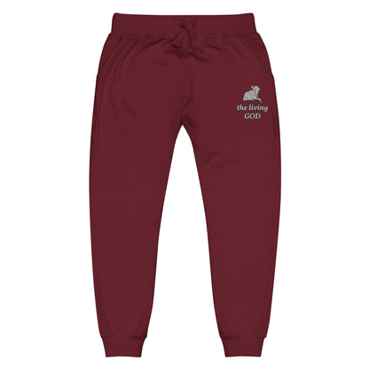 red lightweight fleece pants with Lamb logo and “the living GOD” text printed on thigh.