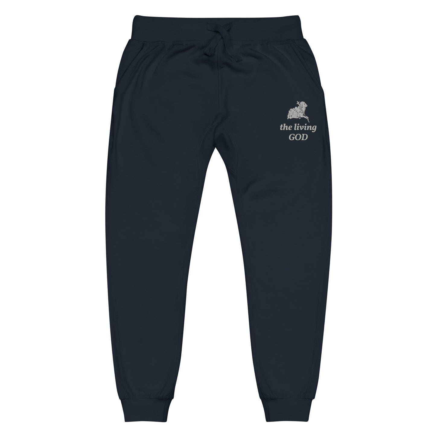 navy lightweight fleece pants with Lamb logo and “the living GOD” text printed on thigh.