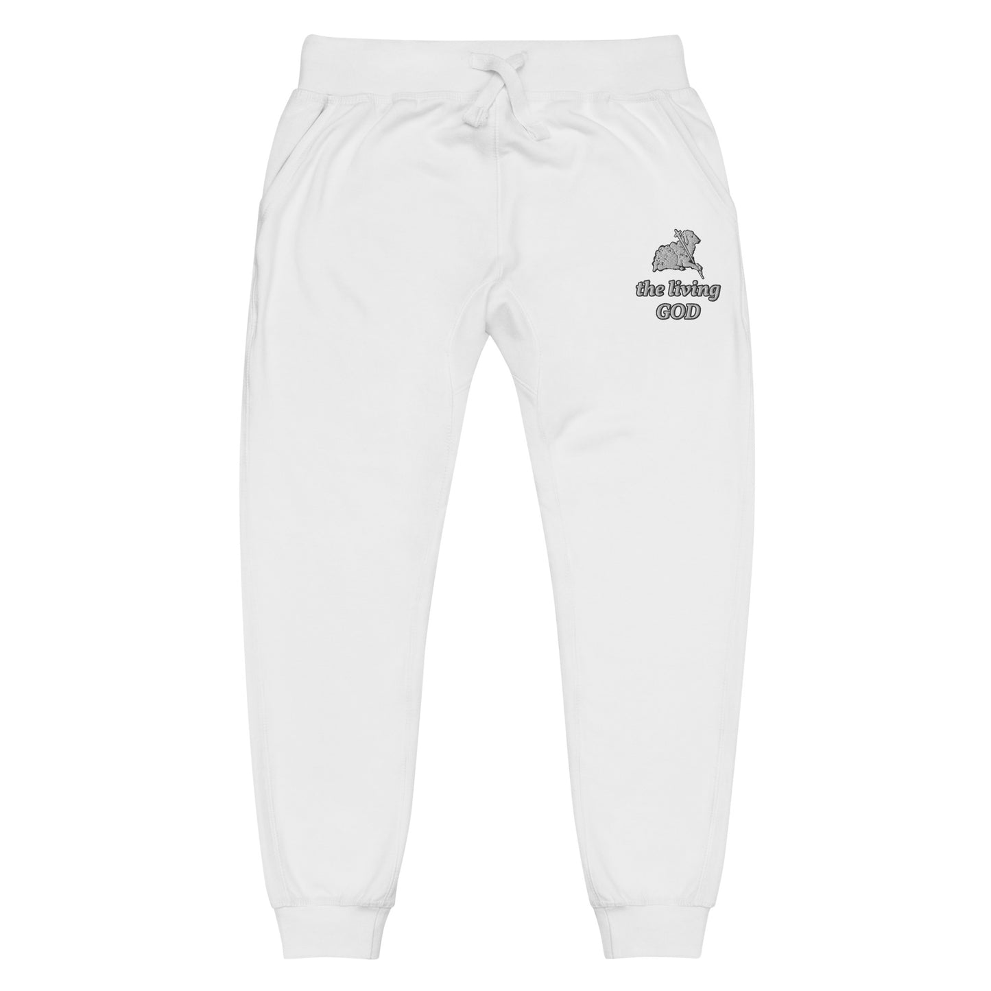 white lightweight fleece pants with Lamb logo and “the living GOD” text printed on thigh.