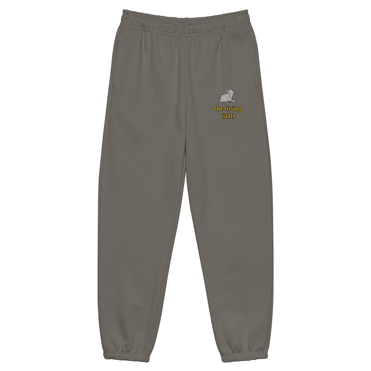 Gray heavyweight fleece sweatpants with Lamb logo and yellow “the living GOD” text on thigh.