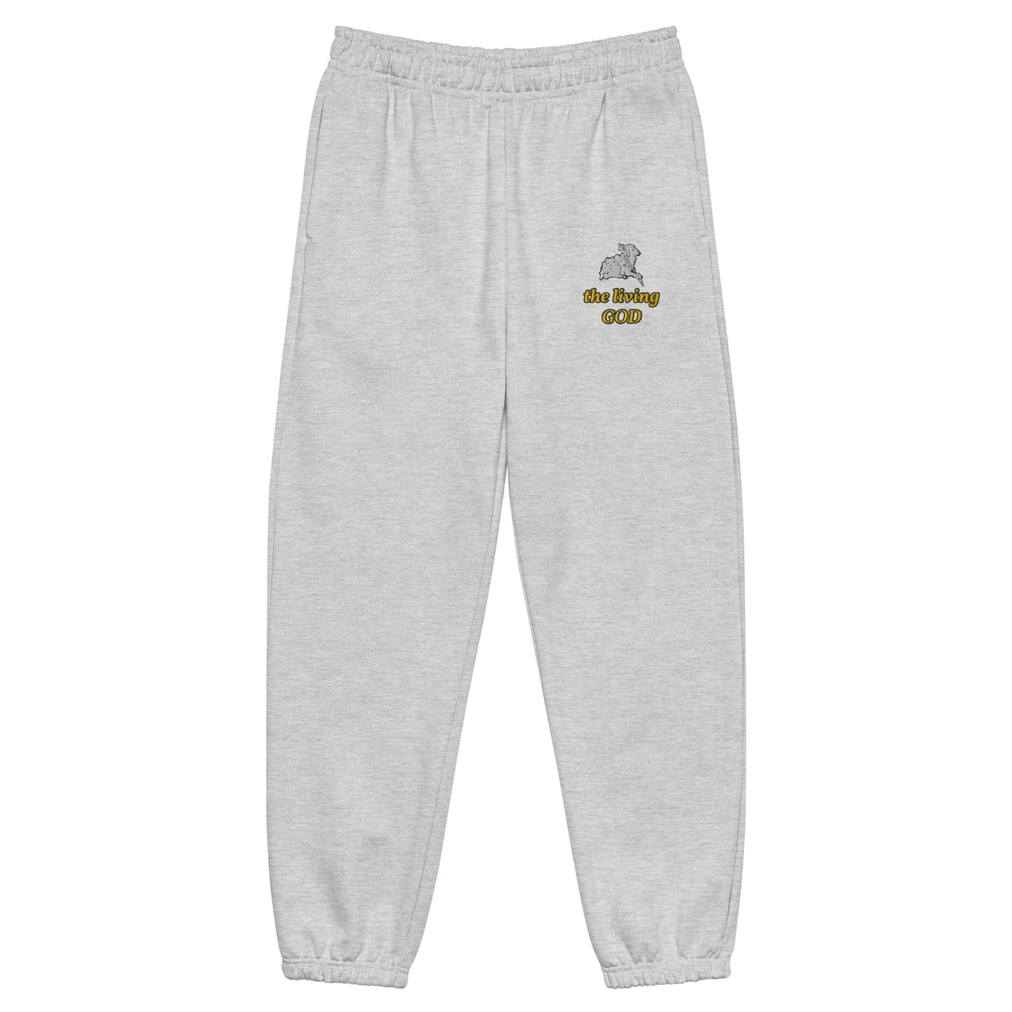 Heather gray heavyweight fleece sweatpants with Lamb logo and yellow “the living GOD” text on thigh.