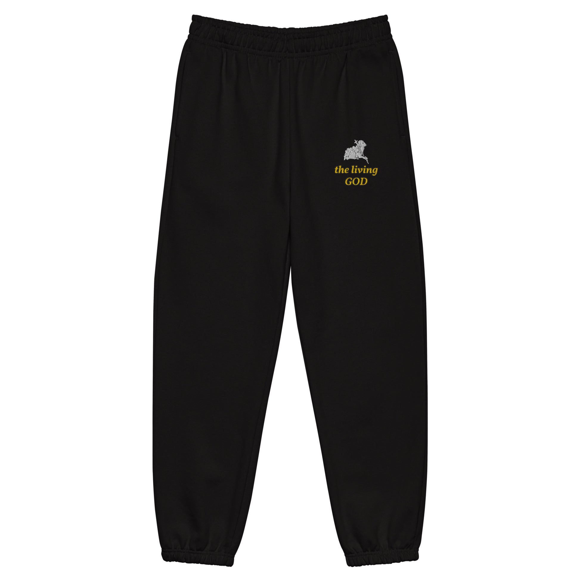 Black heavyweight fleece sweatpants with Lamb logo and yellow “the living GOD” text on thigh.