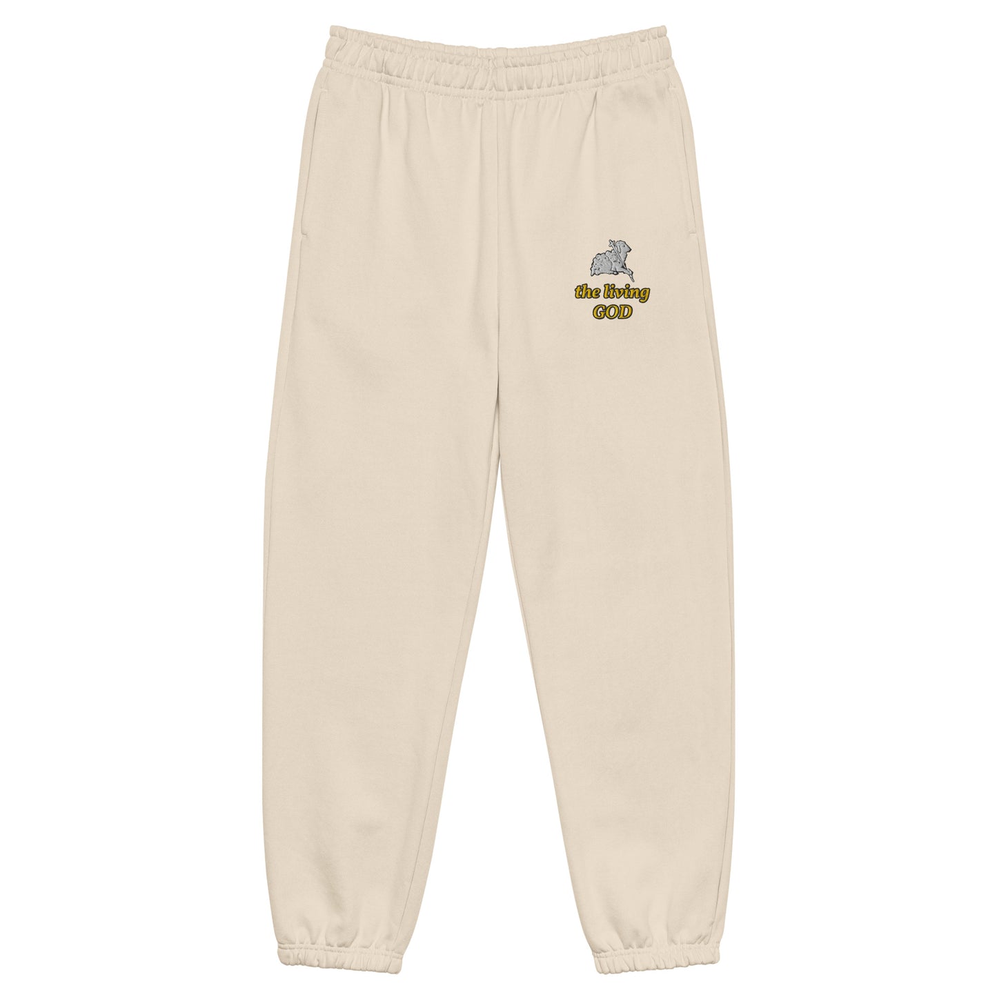 beige heavyweight fleece sweatpants with Lamb logo and yellow “the living GOD” text on thigh.