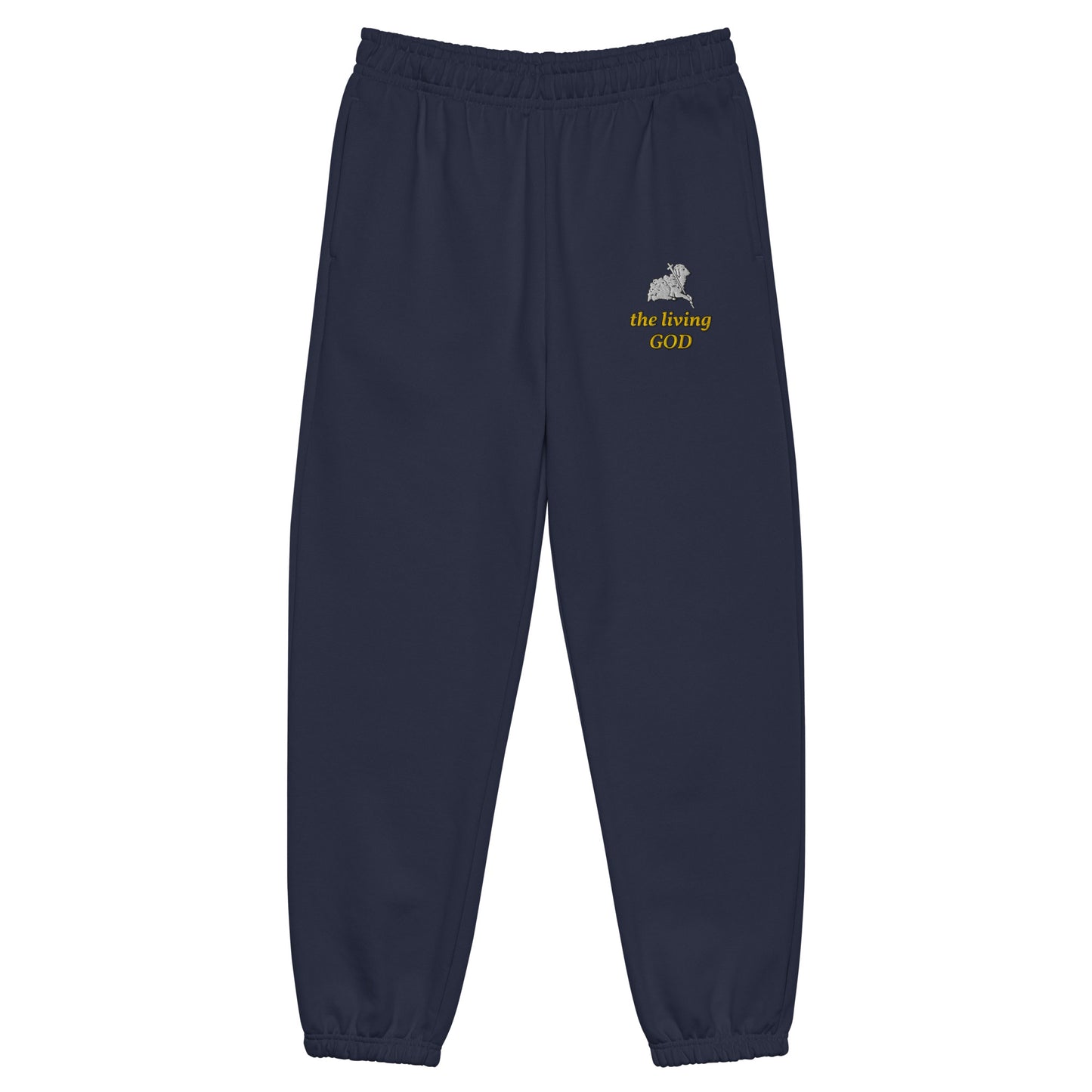 Navy blue heavyweight fleece sweatpants with Lamb logo and yellow “the living GOD” text on thigh.