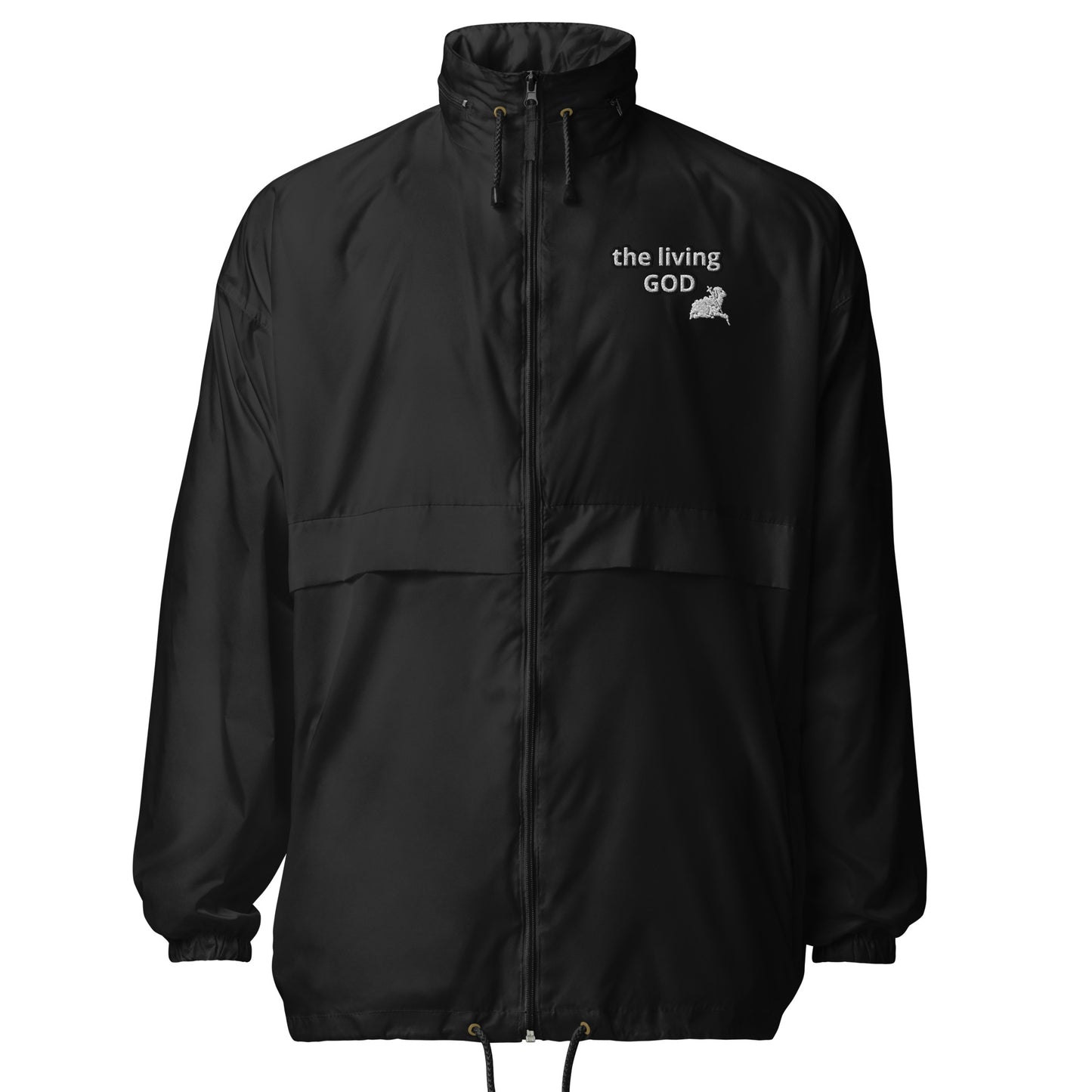 Black jacket with 'the living GOD' text 