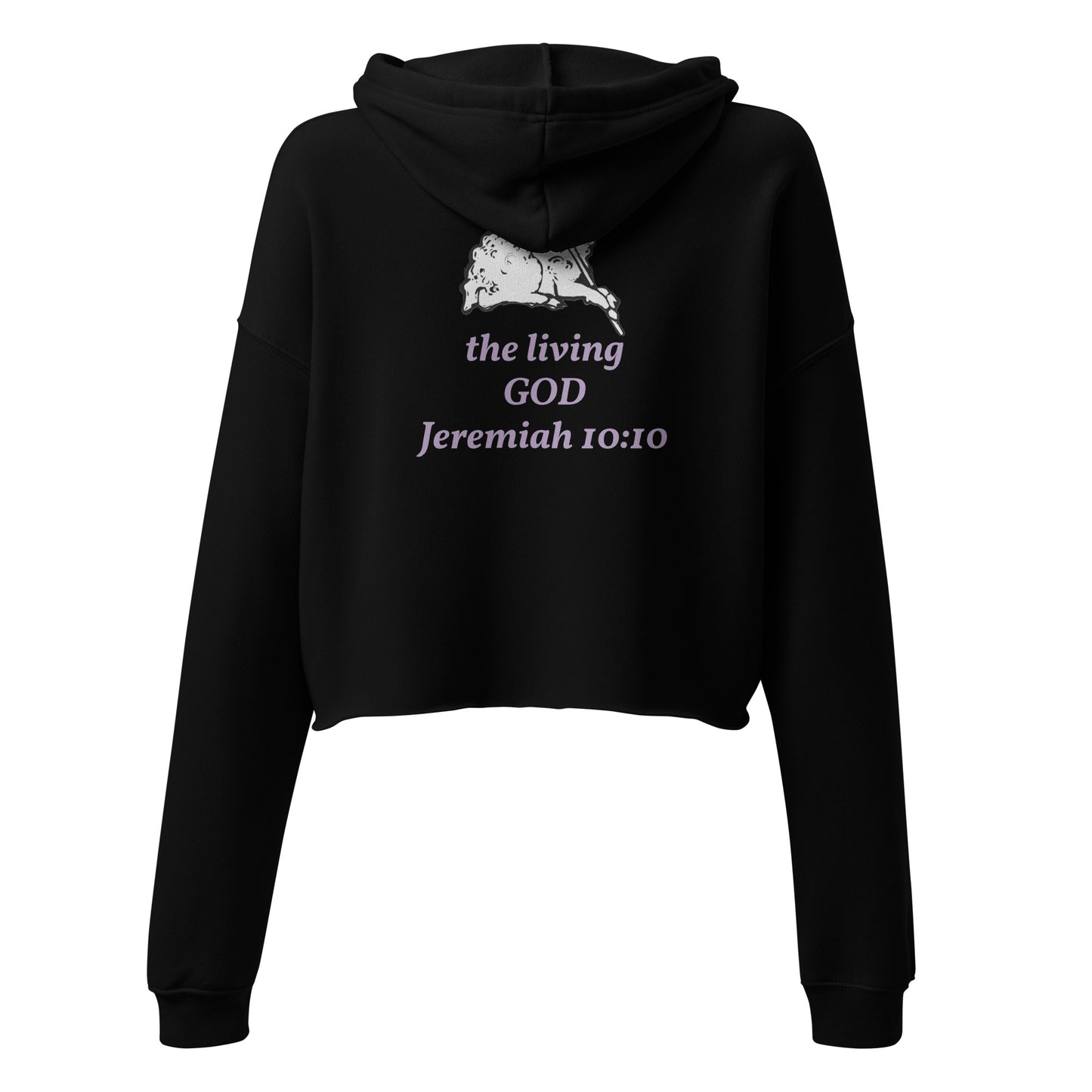 Black crop hoodie with lamb image on the back

