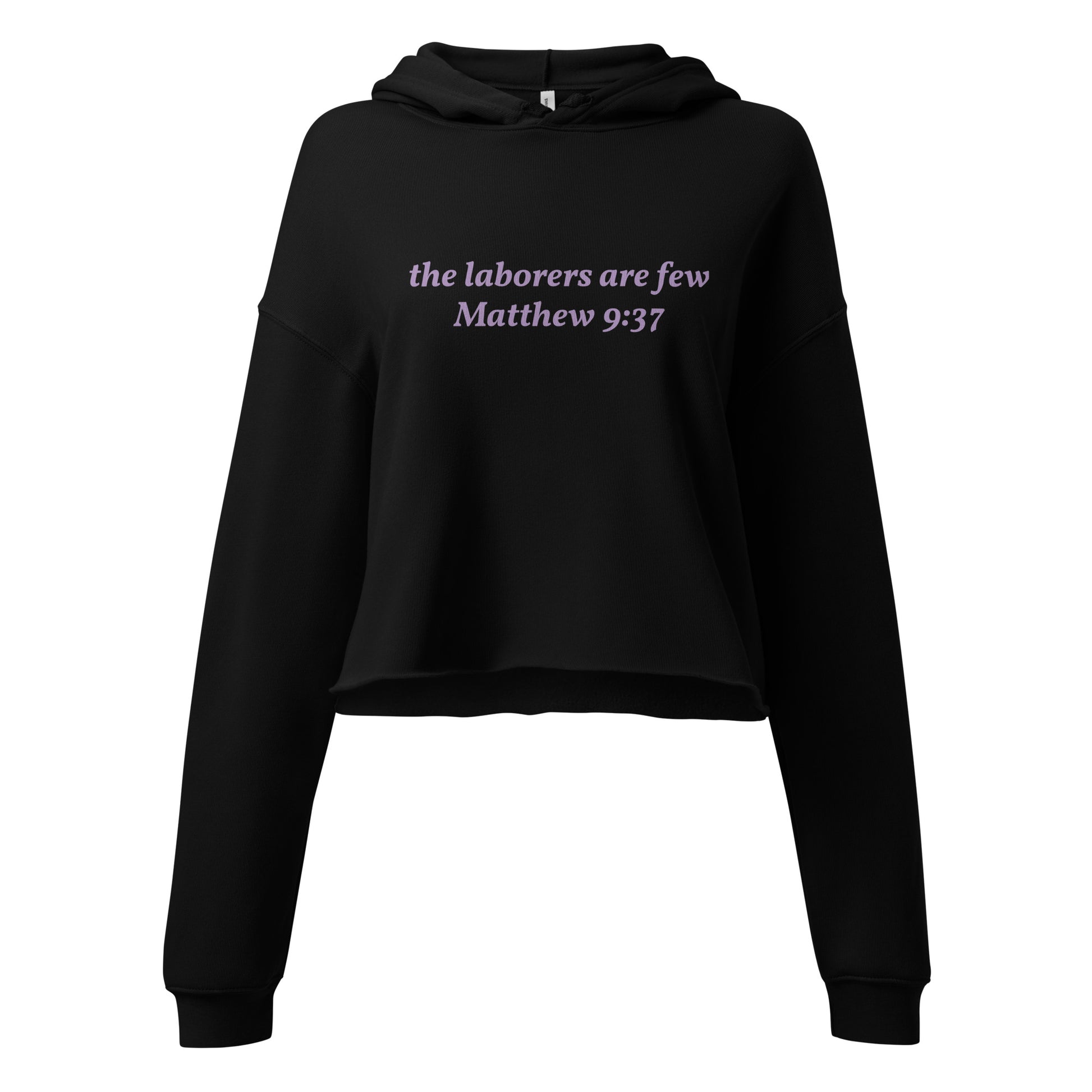 Black cropped hoodie with Matthew 9:37 text on front and Lamb logo with “the living GOD – Jeremiah 10:10” on back.
