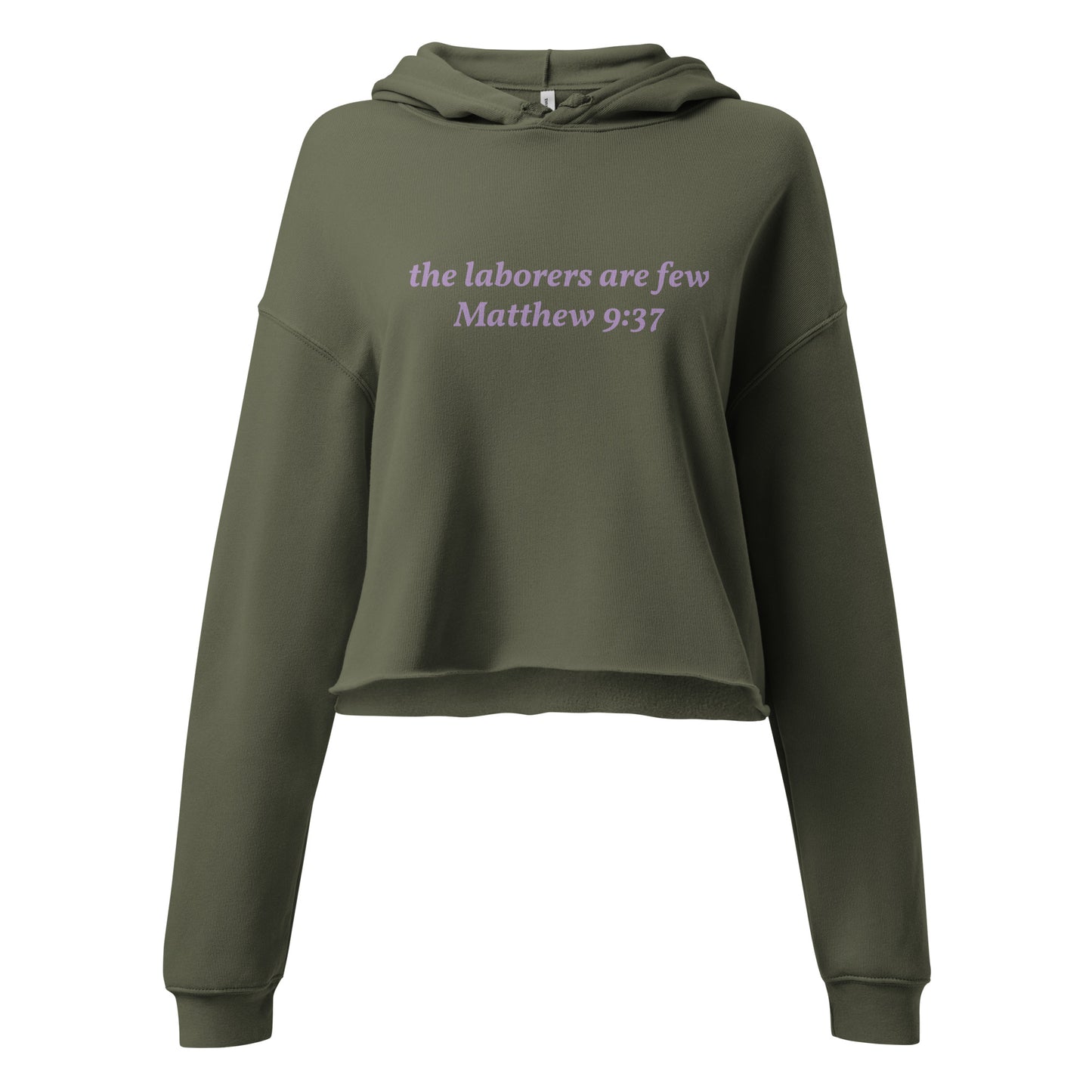 green cropped hoodie with Matthew 9:37 text on front and Lamb logo with “the living GOD – Jeremiah 10:10” on back.
