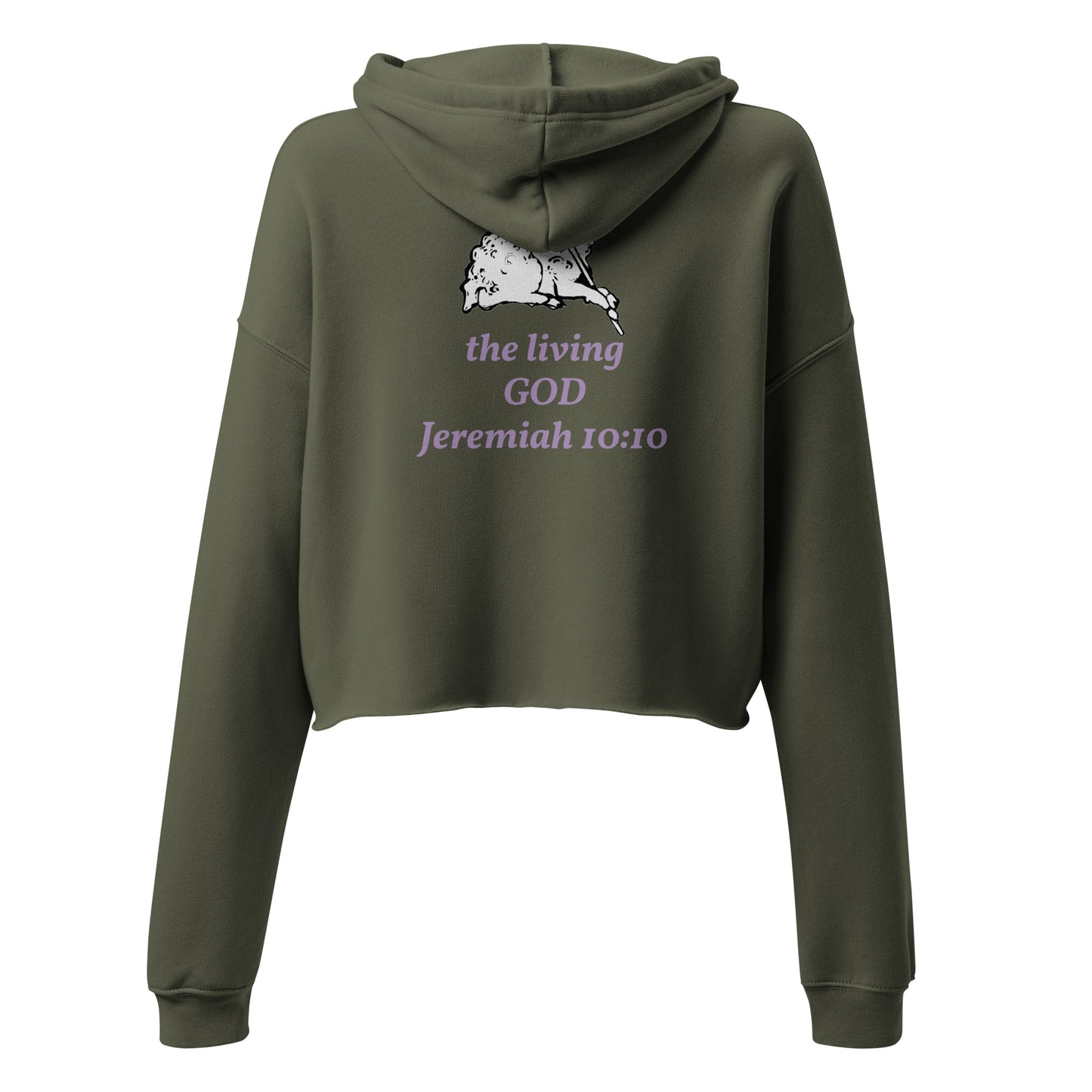 Green crop hoodie with purple "the living God" text and  lamb image on the back