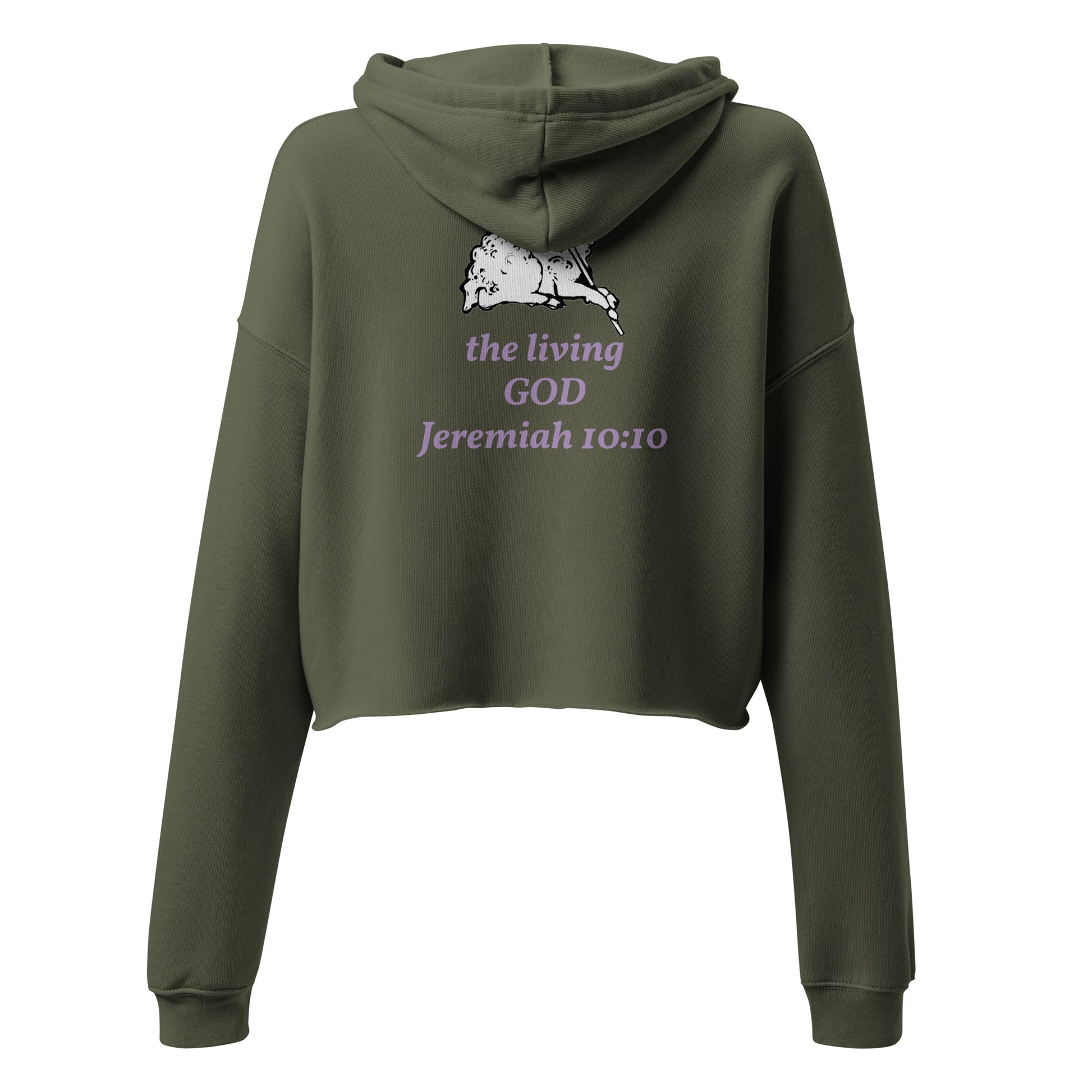 Green crop hoodie with purple "the living God" text and  lamb image on the back