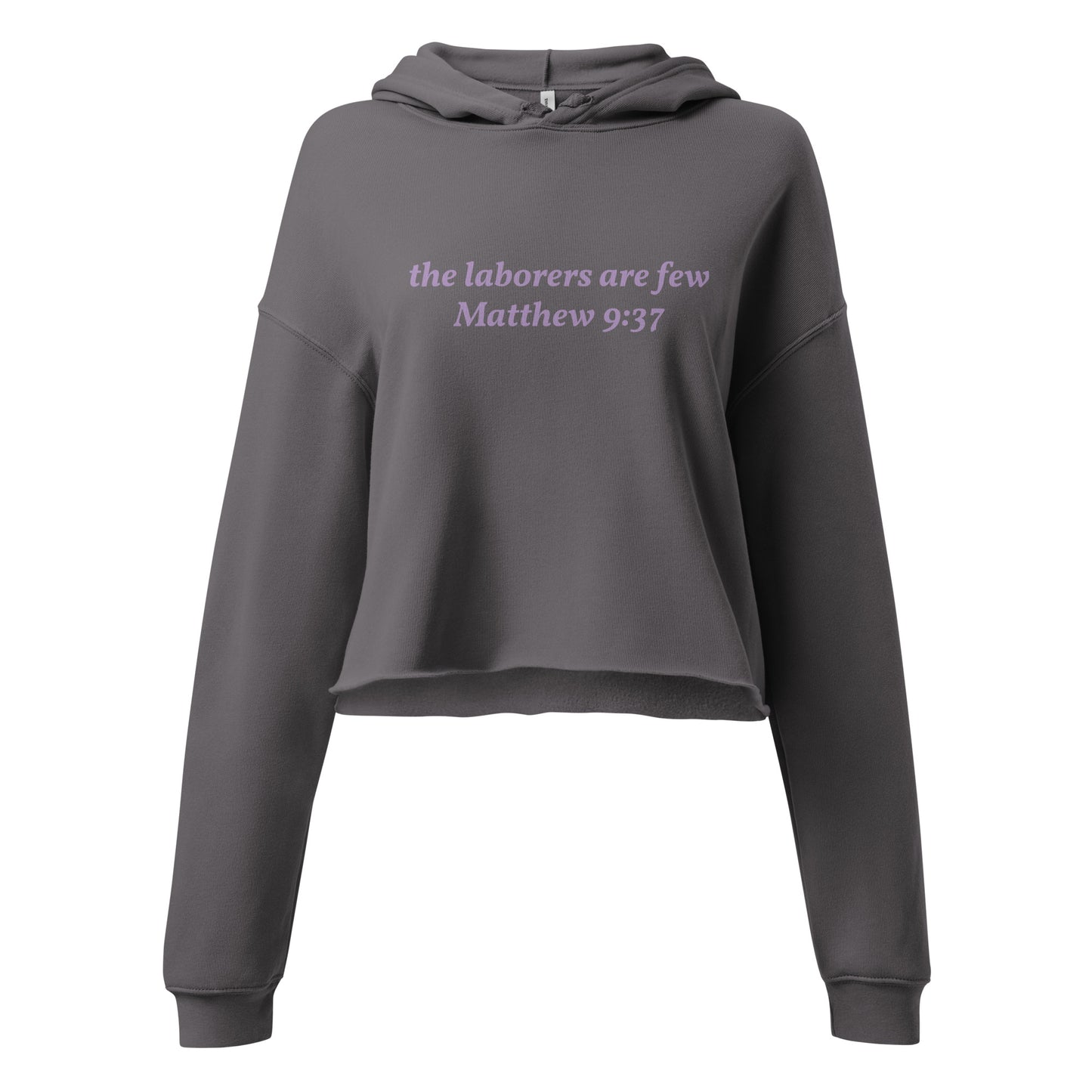 Gray cropped hoodie with Matthew 9:37 text on front and Lamb logo with “the living GOD – Jeremiah 10:10” on back.
